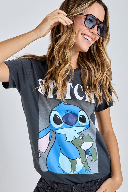 Blusa Feminina Cinza Chumbo Lilo & Stitch Stitch e Sapo