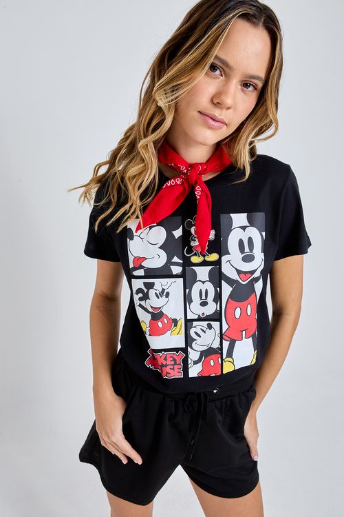 Blusa Feminina Preta Mickey Mouse Estampa Painéis Licenciada