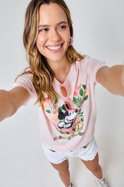 Blusa Feminina Rosa Claro Mickey Mouse Floral