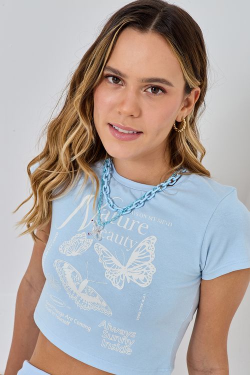 Blusa Cropped Feminina Azul Claro Estampa Borboletas Nature Beauty