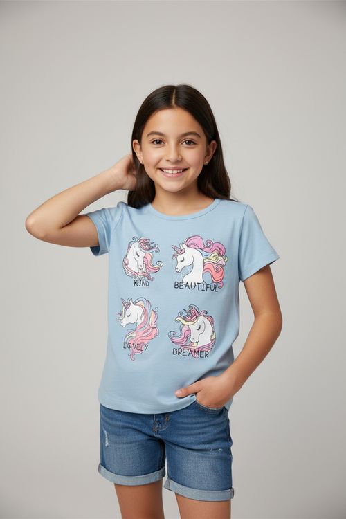 Blusa Infantil Menina Azul Claro Unicórnios e Frases