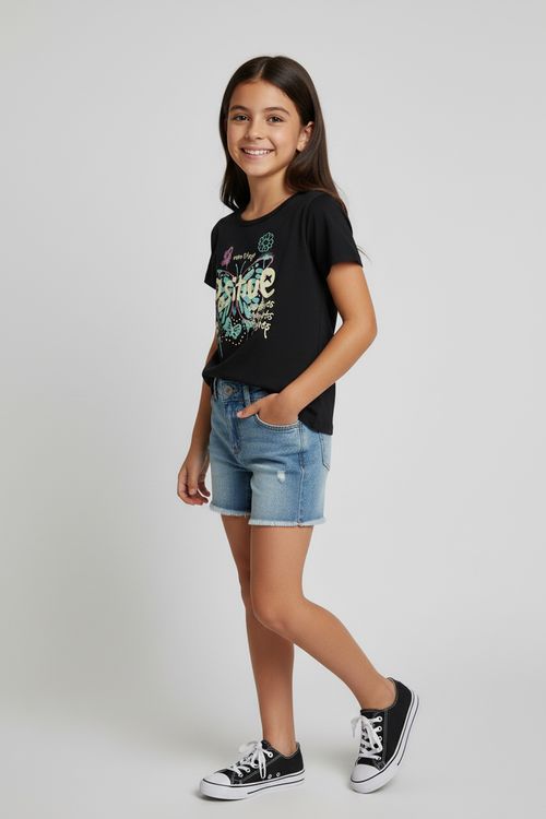 Blusa Infantil Menina Preta Juvenil Borboleta "POSITIVE"