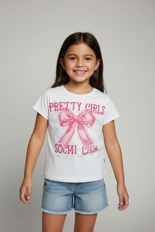Blusa Infantil Menina Branca Laço Rosa Pretty Girls Social Club