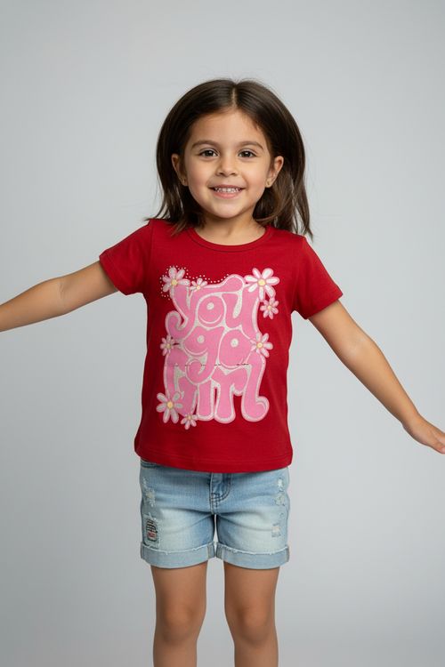Blusa Infantil Menina Vermelha 'You Go Girl' Floral Brilhante