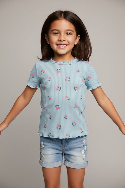 Blusa Canelada Infantil Menina Azul Claro Cerejas Babados