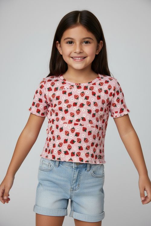 Blusa Infantil Menina Rosa Estampa Morangos e Flores