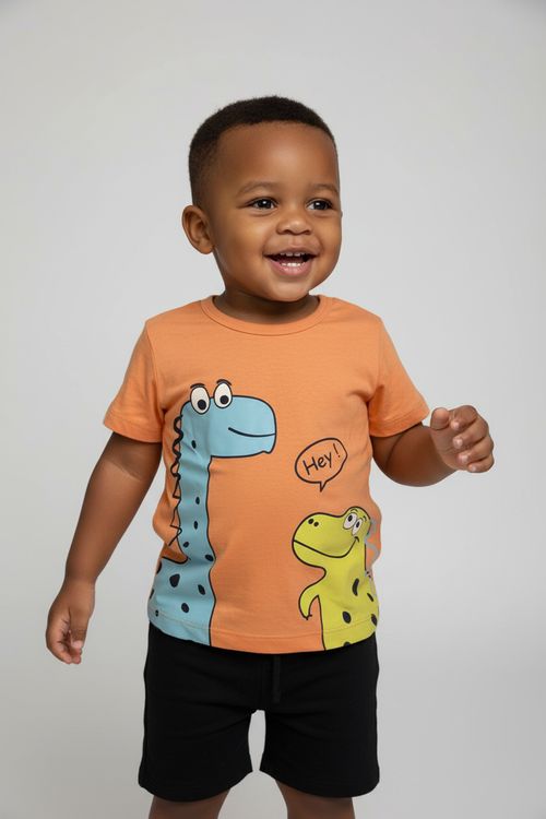 Camiseta Infantil Menino Laranja Coral Dinossauros Hey!