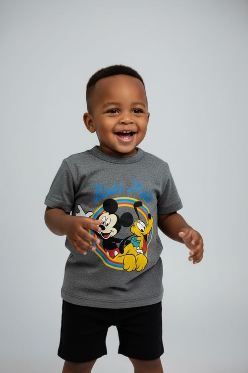 Camiseta Infantil Menino Cinza Escuro Mescla Mickey e Pluto