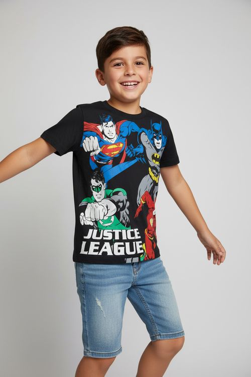 Camiseta Infantil Menino Preto Liga da Justiça Superman Batman Flash