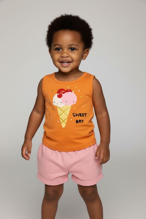 Conjunto Blusa e Shorts Infantil Menina Laranja Rosa Estampa Sorvete