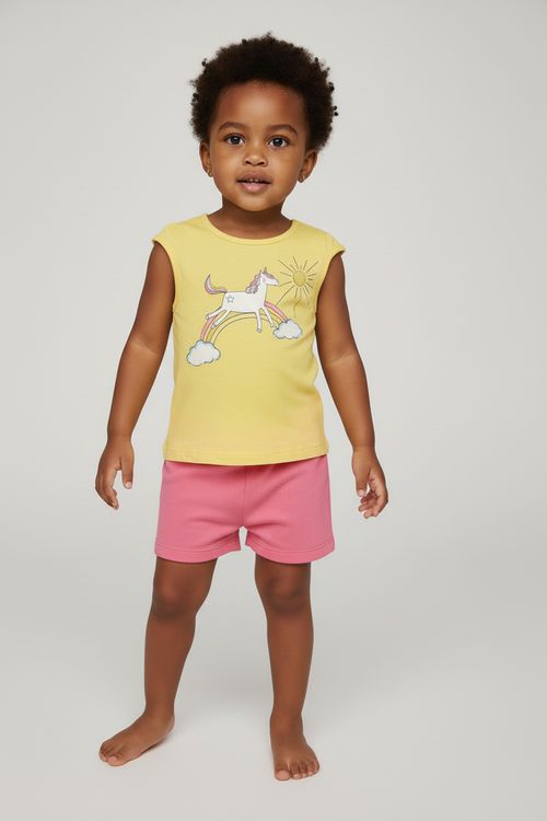 Conjunto Infantil Menina Amarelo Rosa Unicórnio Arco-Íris