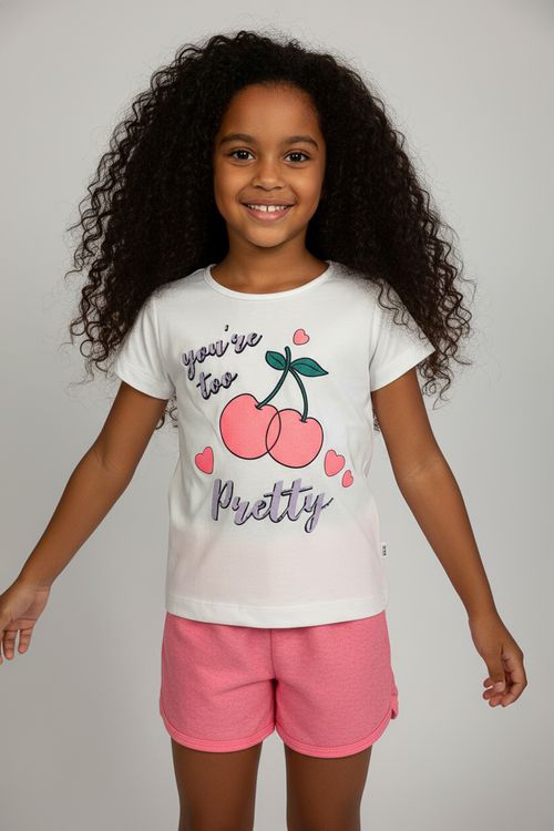 Conjunto Infantil Menina Blusa Branca Shorts Rosa Cerejas