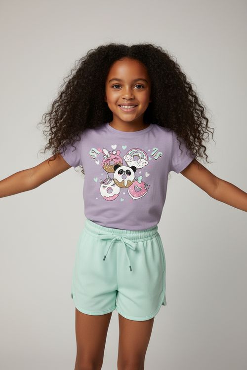 Conjunto Infantil Menina Blusa Lilás Panda Shorts Menta