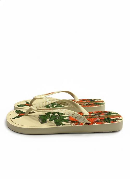 Chinelo Feminino Bege Estampa Pássaros e Folhagem Tropical