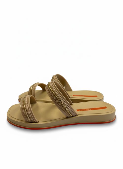Chinelo Slide Feminino Bege com Tiras Texturizadas Douradas