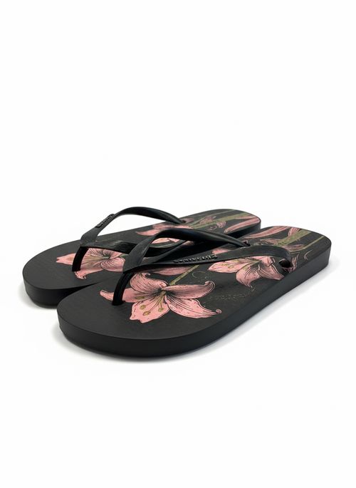 Chinelo Feminino Preto Adulto Estampa Lírios Rosados