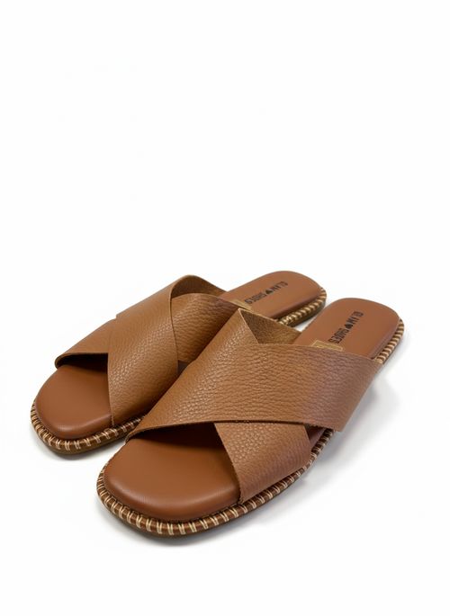 Rasteira Feminina Caramelo Tiras Cruzadas Couro Floater