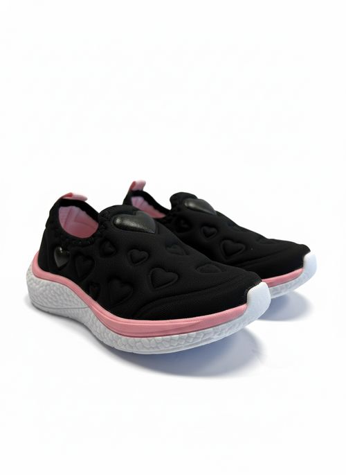 Tênis Slip On Infantil Menina Preto e Rosa Corações