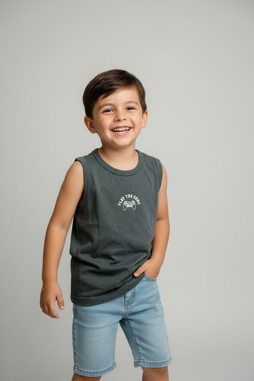 Conjunto Infantil Menino Cinza e Azul Estampa Play the Game