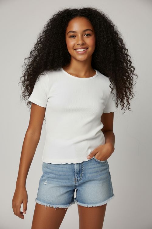 Blusa Infantil Menina Branca Canelada Manga Curta Barra Babado