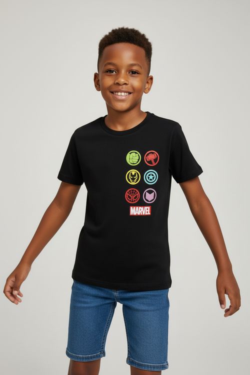 Camiseta Infantil Menino Preta Marvel Avengers Logos