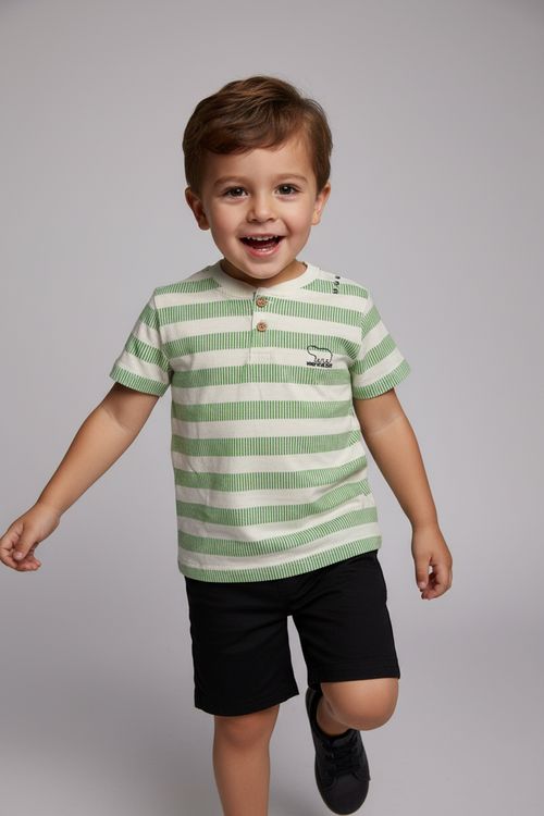Polo Infantil Menino Gola Padre Verde e Off-white Listrada Dino