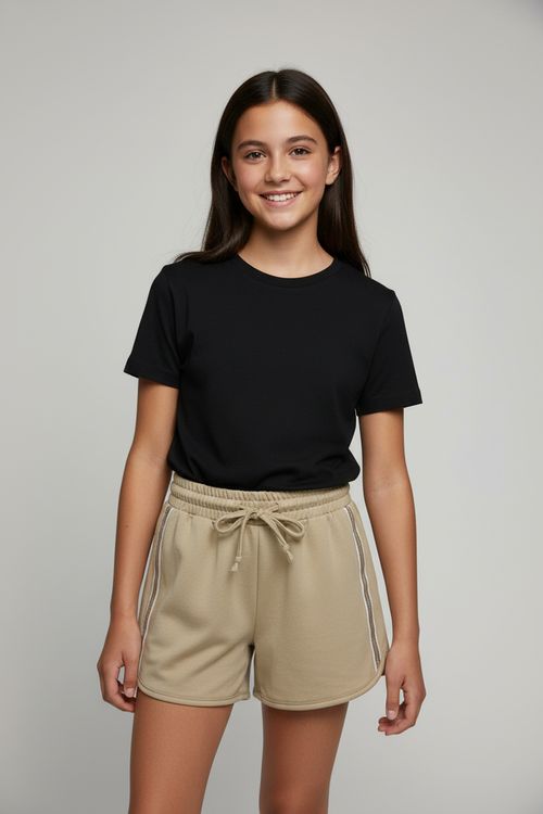 Shorts Runner Infantil Menina Bege Areia Faixas Laterais Juvenil