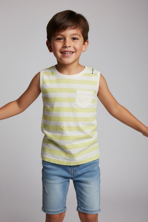 Regata Infantil Menino Off White e Verde Listrada