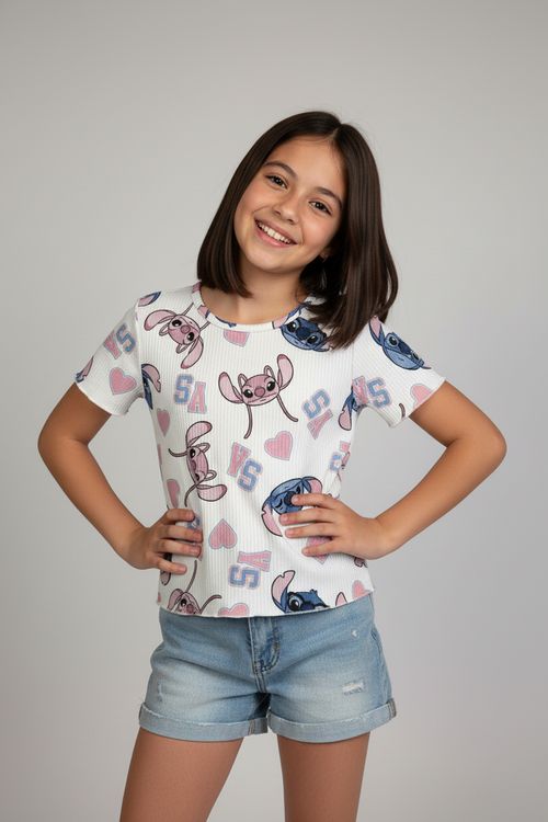 Blusa Canelada Infantil Menina Branca Juvenil Stitch & Angel
