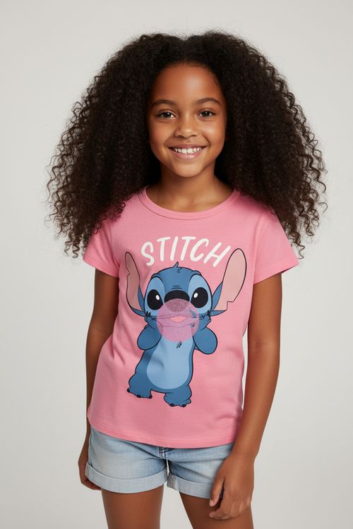 Blusa Infantil Menina Rosa Claro Stitch com Bolha de Glitter