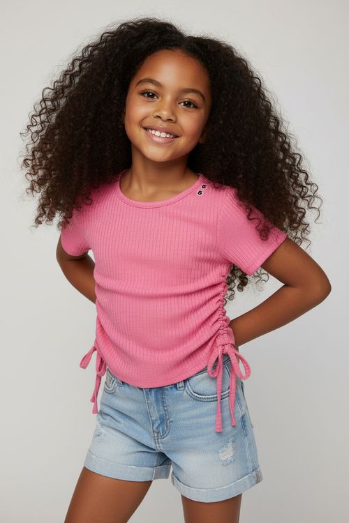 Blusa Infantil Menina Rosa Médio Canelada Colissê Lateral