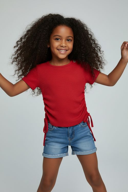 Blusa Infantil Menina Vermelha Canelada Franzido