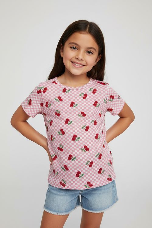 Blusa Infantil Menina Rosa Xadrez Gingham Cerejas