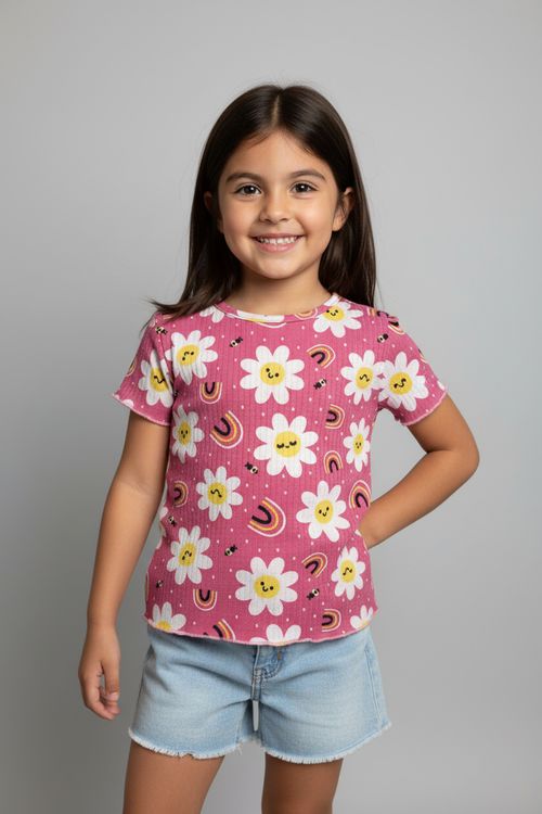 Blusa Infantil Menina Rosa Margaridas e Arco-Íris