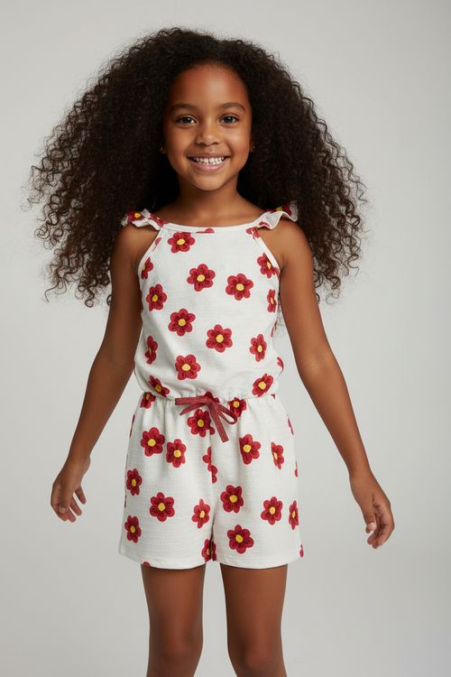 Macaquinho Infantil Menina Off White Flores Vermelhas
