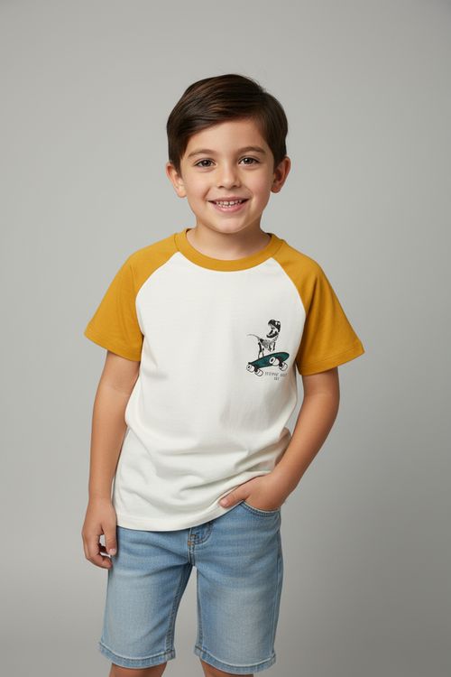 Blusa Infantil Menino Raglan Off White Mostarda Dino Skatista