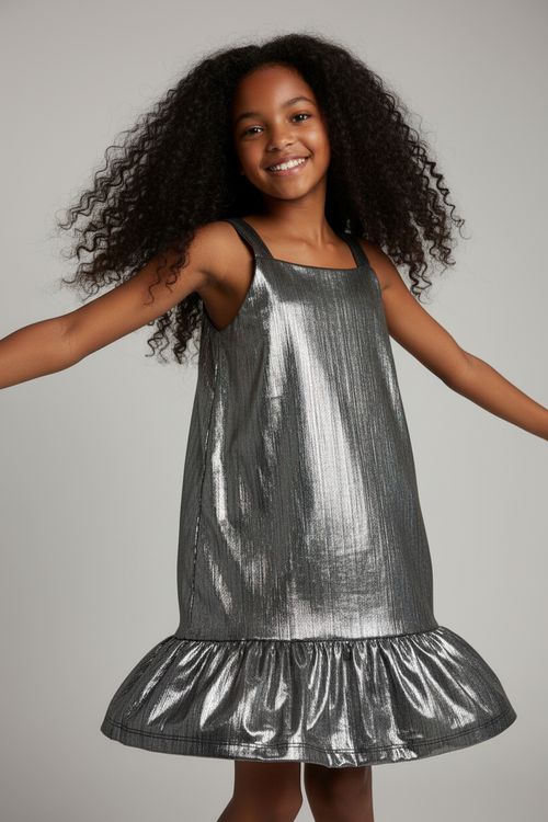Vestido Infantil Menina Prata Cintilante com Babado