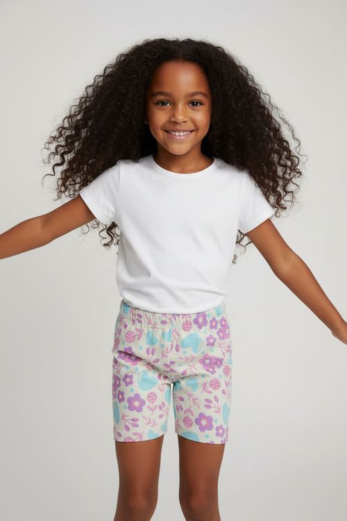 Shorts Infantil Menina Off White Floral e Corações