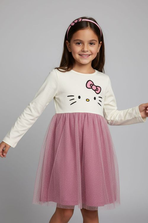 Vestido Infantil Menina Manga Longa Off White Tule Rosa Hello Kitty
