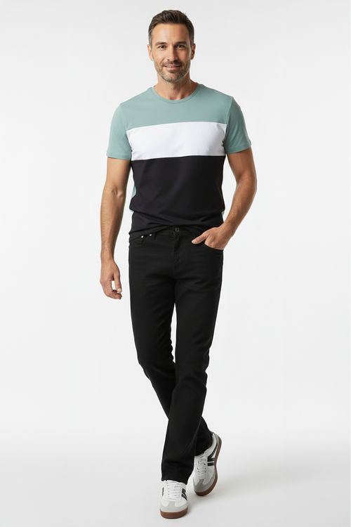 Camiseta Masculina Color Block Verde Menta, Branco e Preto