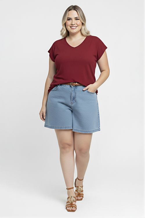 Blusa Feminina Vinho Plus Size Canelada Decote V