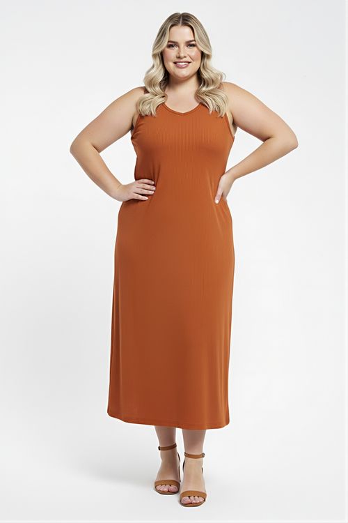 Vestido Midi Feminino Terracota Canelado Decote V