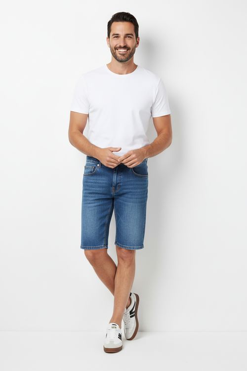 Bermuda Jeans Masculina Azul Médio Efeito Desbotado