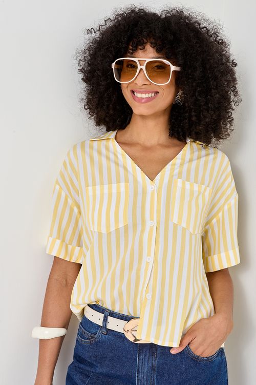 Blusa Feminina Viscose Amarela e Branca Listrada