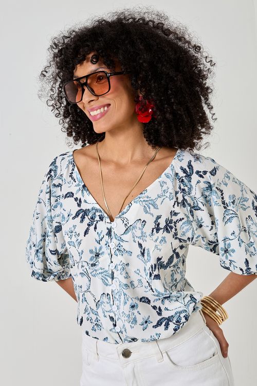 Blusa Feminina Floral Estampada com Manga Bufante e Decote V