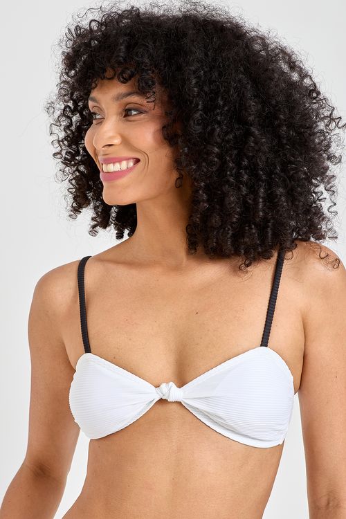 Top Biquíni Feminino Branco Adulto Canelado Nó Frontal