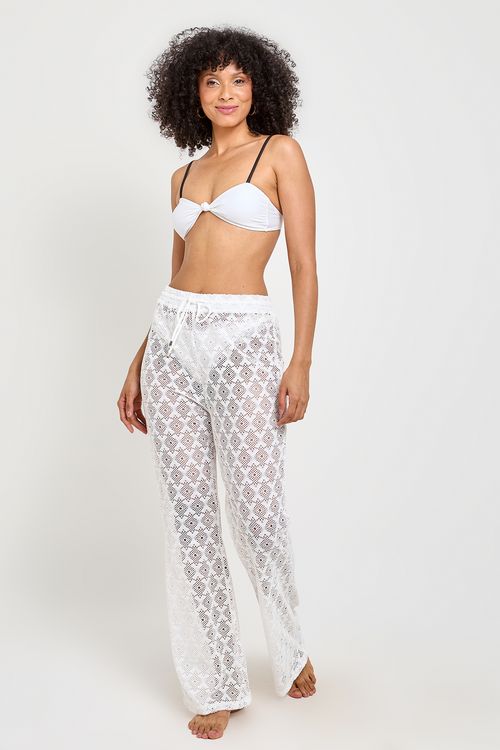 Saída de Praia Calça Pantalona Feminina Branca Trama Geométrica
