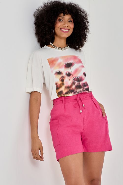 Shorts Feminino Rosa Fúcsia Cintura Alta Cadarço Bolsos