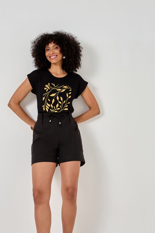 Short Feminino Preto Paper Bag com Amarração