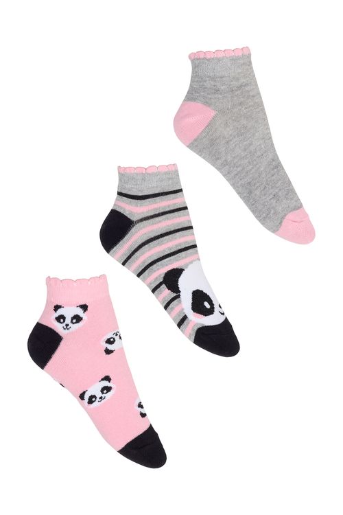 Kit 3 Meias Soquete Infantil Menina Panda e Listras Babado